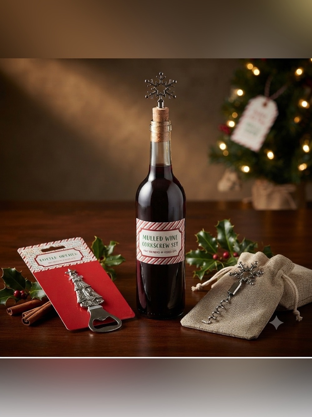 Festive Christmas Silver Bottle Opener and Corkscrew Set